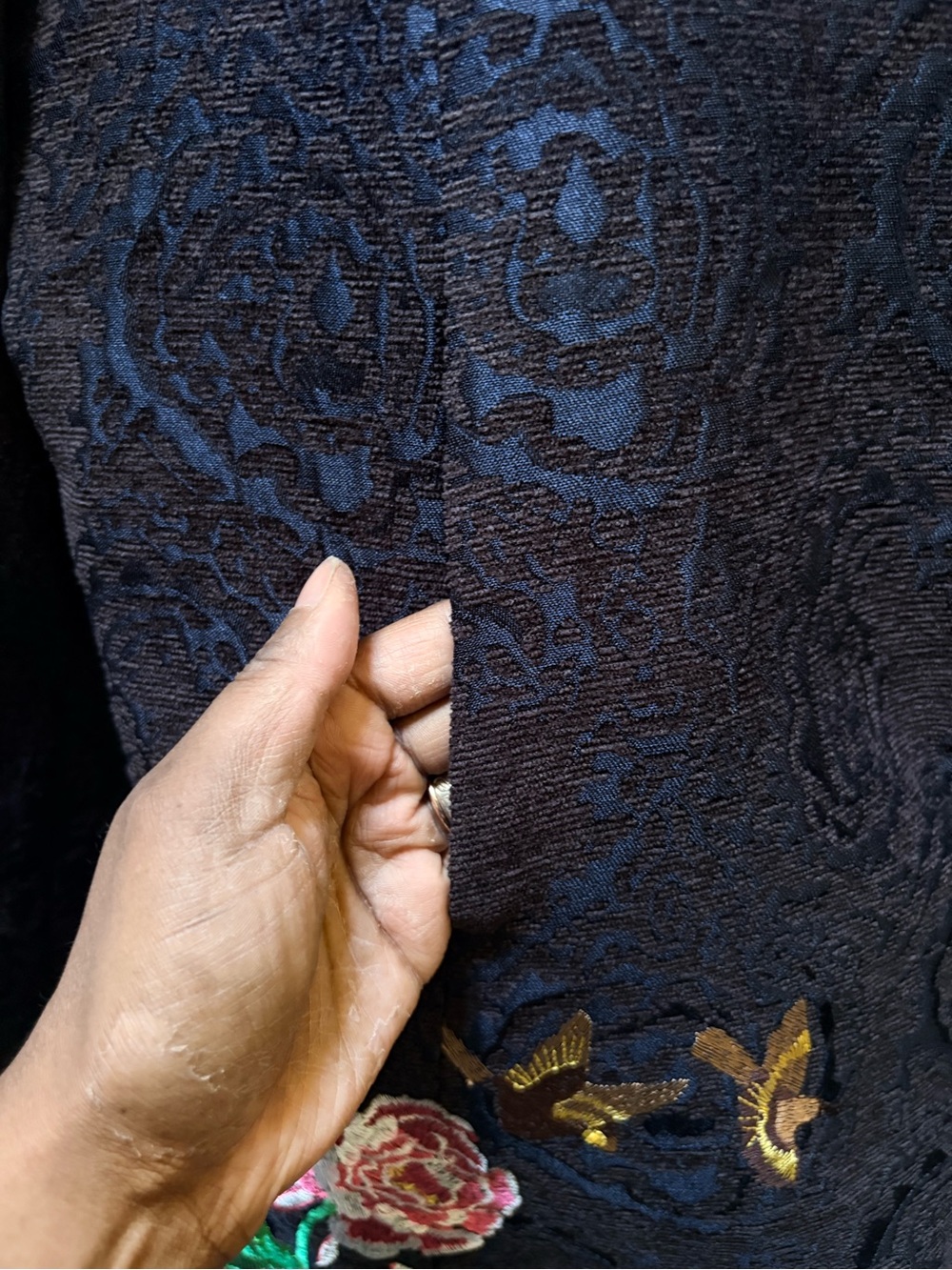 Desigual | "Dream" Long Floral Embroidered Jacquard Coat - Women 44/M, Navy/Blk - Picture 8 of 16